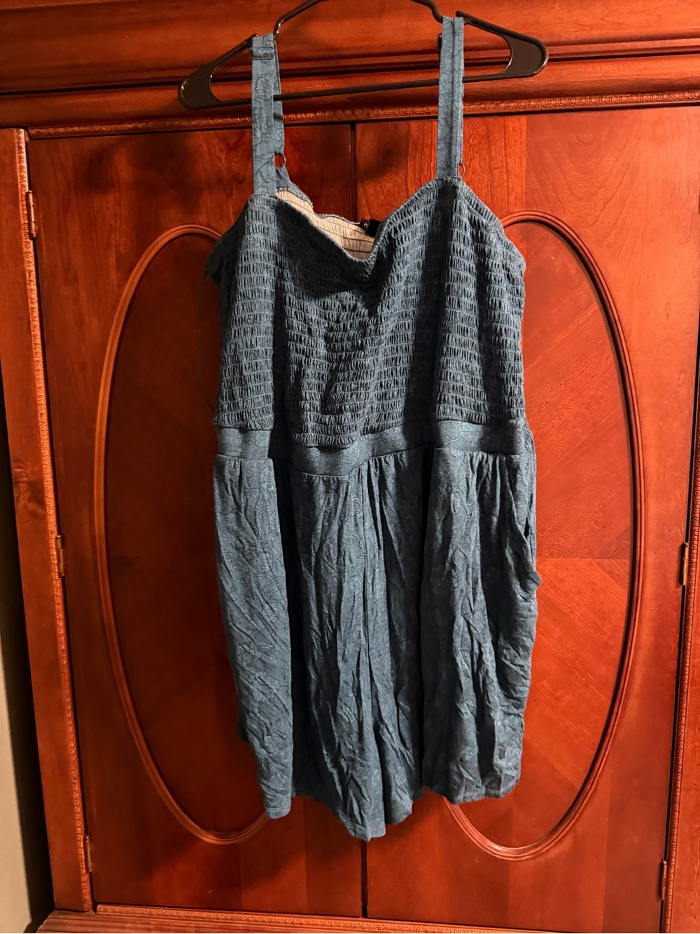 Blue Smocked romper with Pockets
